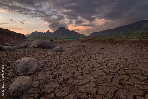 View of Chanderi fort Mountain from Gadeshwar Lake near Panvel,Maharashtra,India