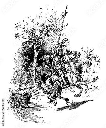 Knight Riding Horse with a Child Holding onto Knight, vintage illustration