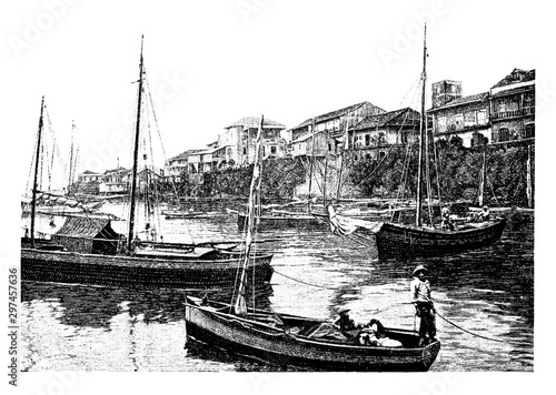 Panama Wharves, vintage illustration.