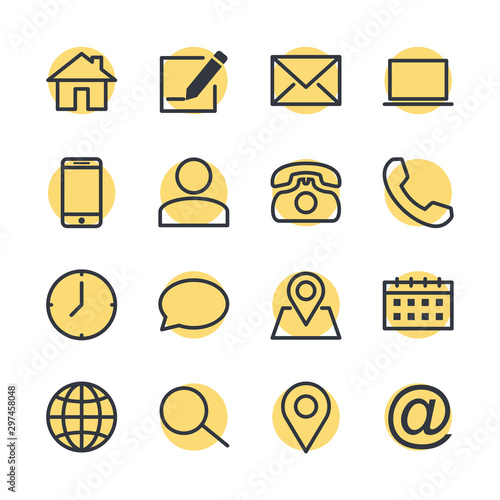 computer and mobile icons. phone, website, mail, time, call, home, printer, laptop, calendar, chat, edit, pin, map, person color editable vector sign isolated on white background for graphic and web d