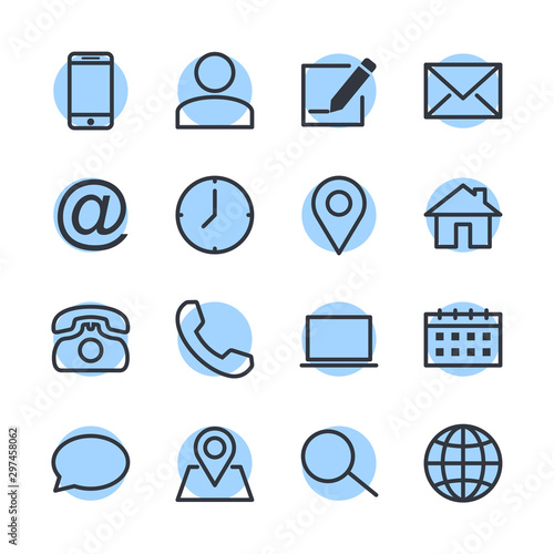 computer and mobile icons. phone, website, mail, time, call, home, printer, laptop, calendar, chat, edit, pin, map, person color editable vector sign isolated on white background for graphic and web d