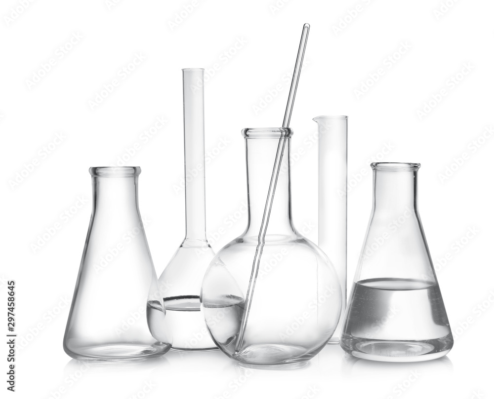 Laboratory glassware with liquid samples on white background Laboratory glassware with liquid samples on white background