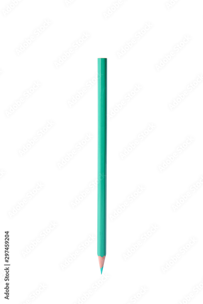 Turquoise wooden pencil on white background. School stationery Turquoise wooden pencil on white background. School stationery