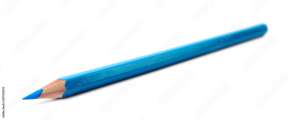 Light blue wooden pencil on white background. School stationery Light blue wooden pencil on white background. School stationery