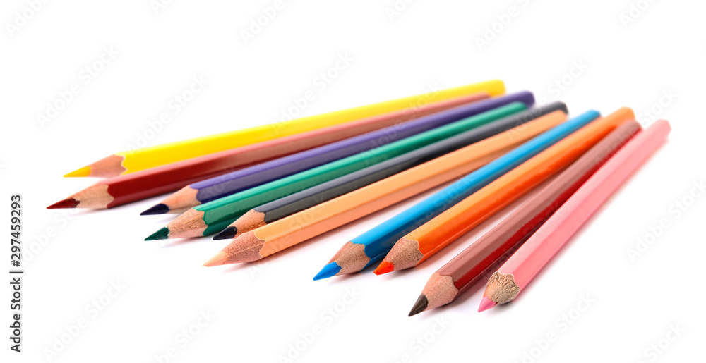 Different color pencils on white background. School stationery Different color pencils on white background. School stationery