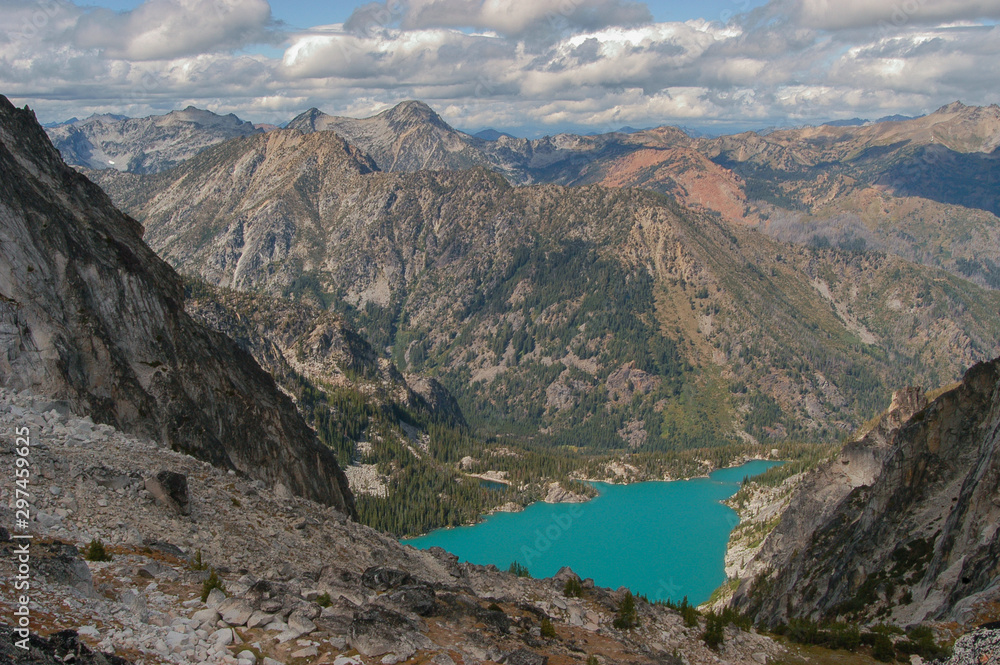 Colchuck Lake viewed from above at Asgaard Pass in the Upper Enchantment Lakes area of the Alpine Lakes, Washington State, WA, USA