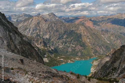 Colchuck Lake viewed from above at Asgaard Pass in the Upper Enchantment Lakes area of the Alpine Lakes  Washington State  WA  USA