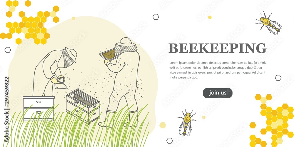 Beekeeping banner with modern line art illustrations. Creative banner, poster, flyer or landing page for a bees.