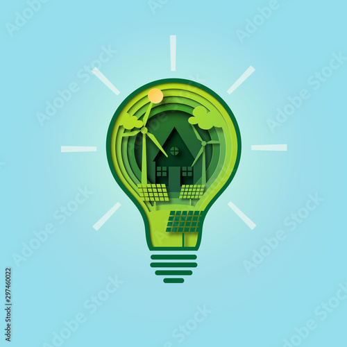 Paper cut light bulb of green ecology and environment conservation concept.Vector illustration.