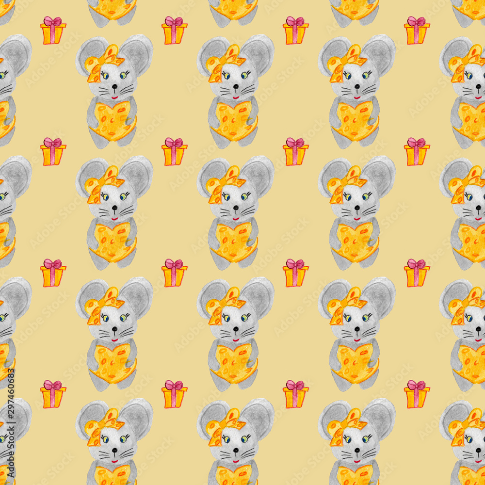 seamless pattern mouse with cheese new year symbol and gift in yellow tone seamless pattern mouse with cheese new year symbol and gift in yellow tone