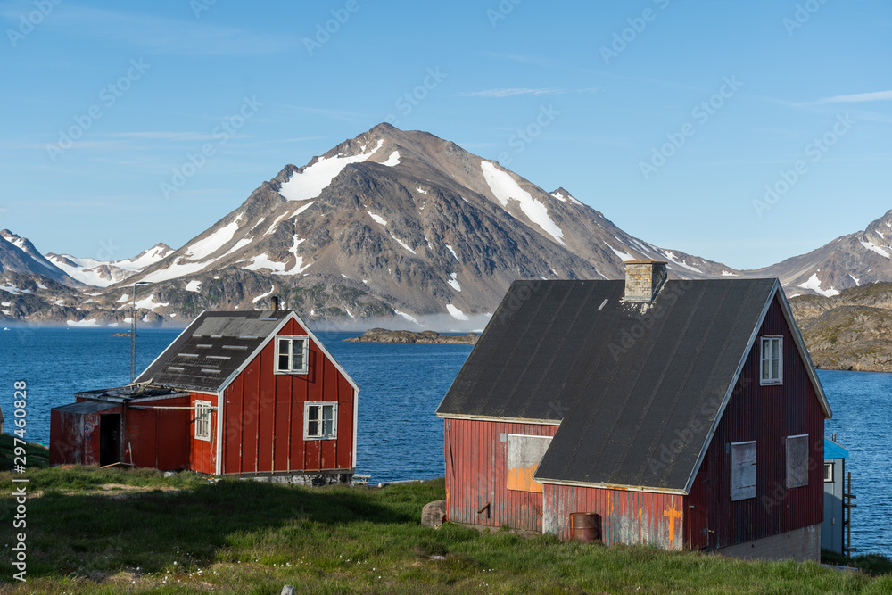 Beautiful houses in Greenland with an amazing view of glaciers. 