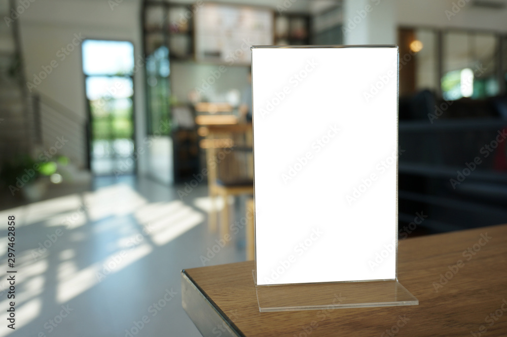 Menu frame standing on wood table in Bar restaurant cafe. space for text marketing promotion. Menu frame standing on wood table in Bar restaurant cafe. space for text marketing promotion.