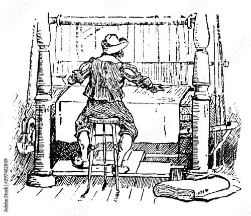 Man and Loom, vintage illustration