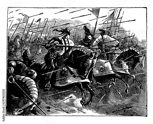 Knights Charging with Lances, vintage illustration