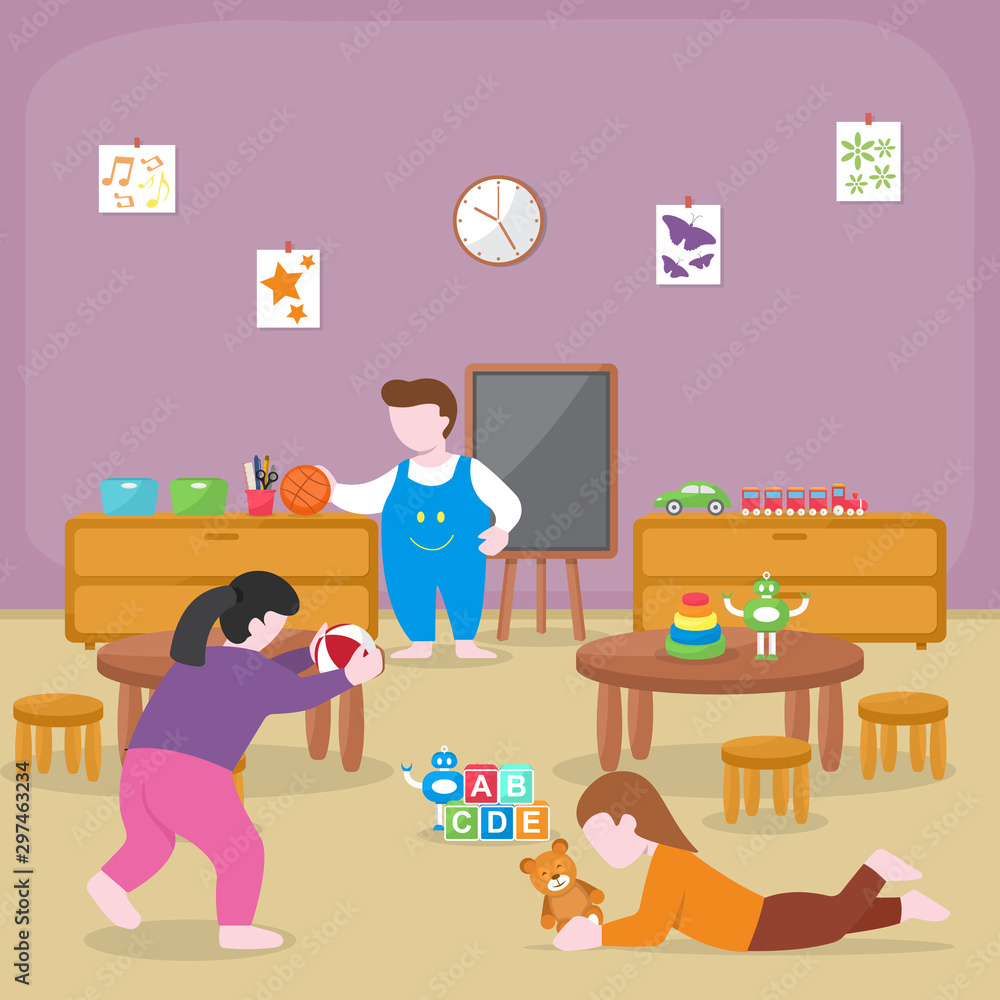 Kids Children Learning by Playing Education Toys Kindergarten Flat Illustration Kids Children Learning by Playing Education Toys Kindergarten Flat Illustration