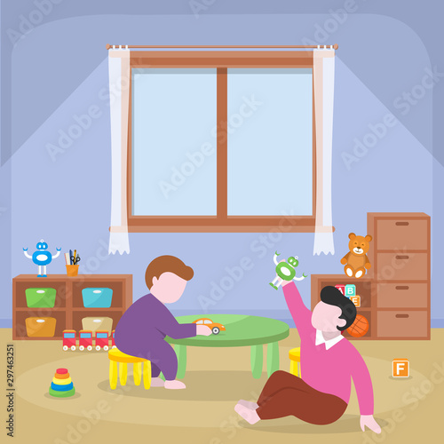 Kids Children Learning by Playing Education Toys Kindergarten Flat Illustration