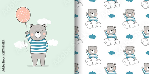 Draw card and print pattern bear for fabric textiles kids.