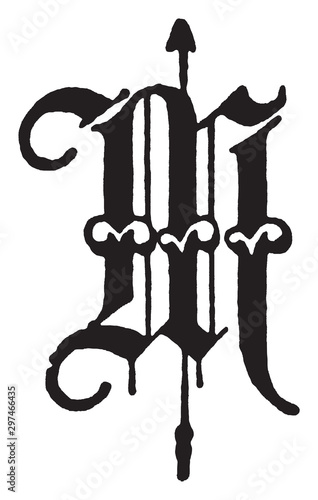 M, Old English fancy text, vintage illustration