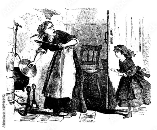 Woman Cooking & Yelling at Child, vintage illustration