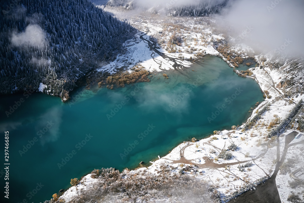 Aerial view of scenic winter landscape at Issyk Lake, Almaty, Kazakhstan