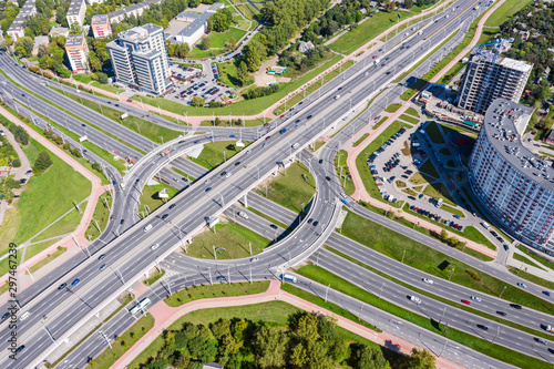 aerial top view of road roundabout traffic. Minsk, Belarus. cityscape drone image