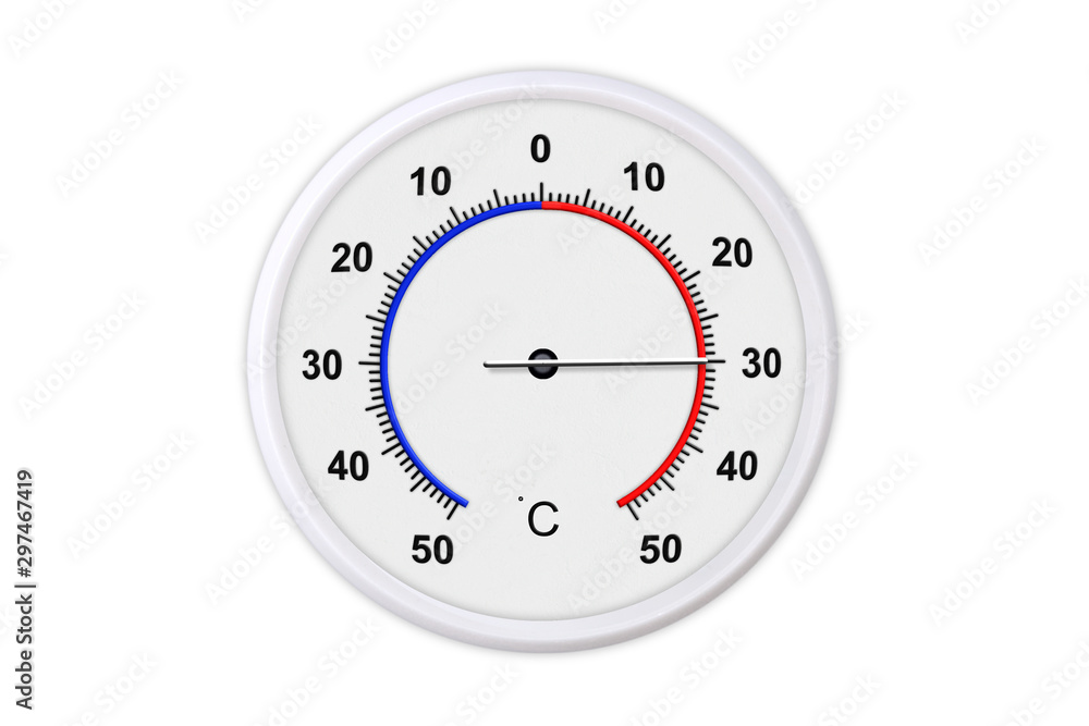 Celsius scale thermometer for measuring weather temperature. Thermometer isolated on white background. Ambient temperature plus 30 degrees Celsius scale thermometer for measuring weather temperature. Thermometer isolated on white background. Ambient temperature plus 30 degrees