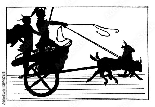 Men in Chariot Pulled by Goats, vintage illustration.
