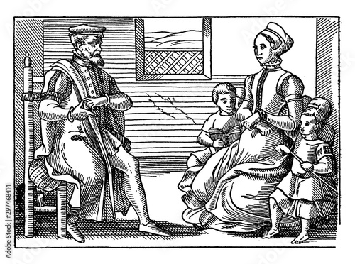 Fotografía A Puritan Family, vintage illustration