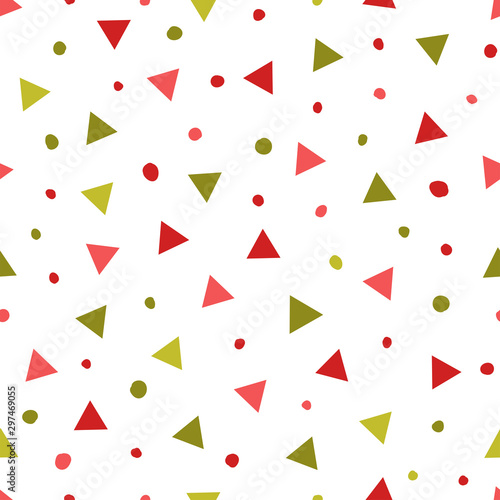Simple abstract seamless patterns with triangles and dots. Holiday theme in red and green for wrapping paper. Background for children's holiday decoration