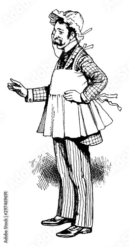 Man Wearing Apron and Bonnet, vintage illustration