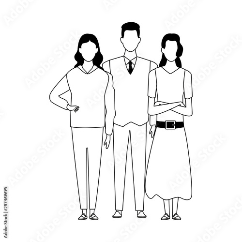 cartoon man and two women standing