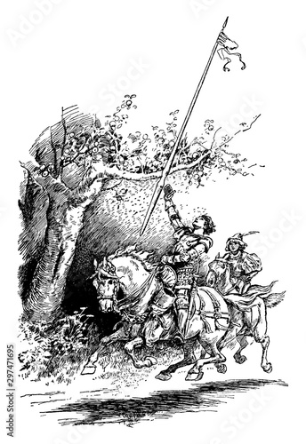 Knight Riding Horse & Holding a Lance, vintage illustration