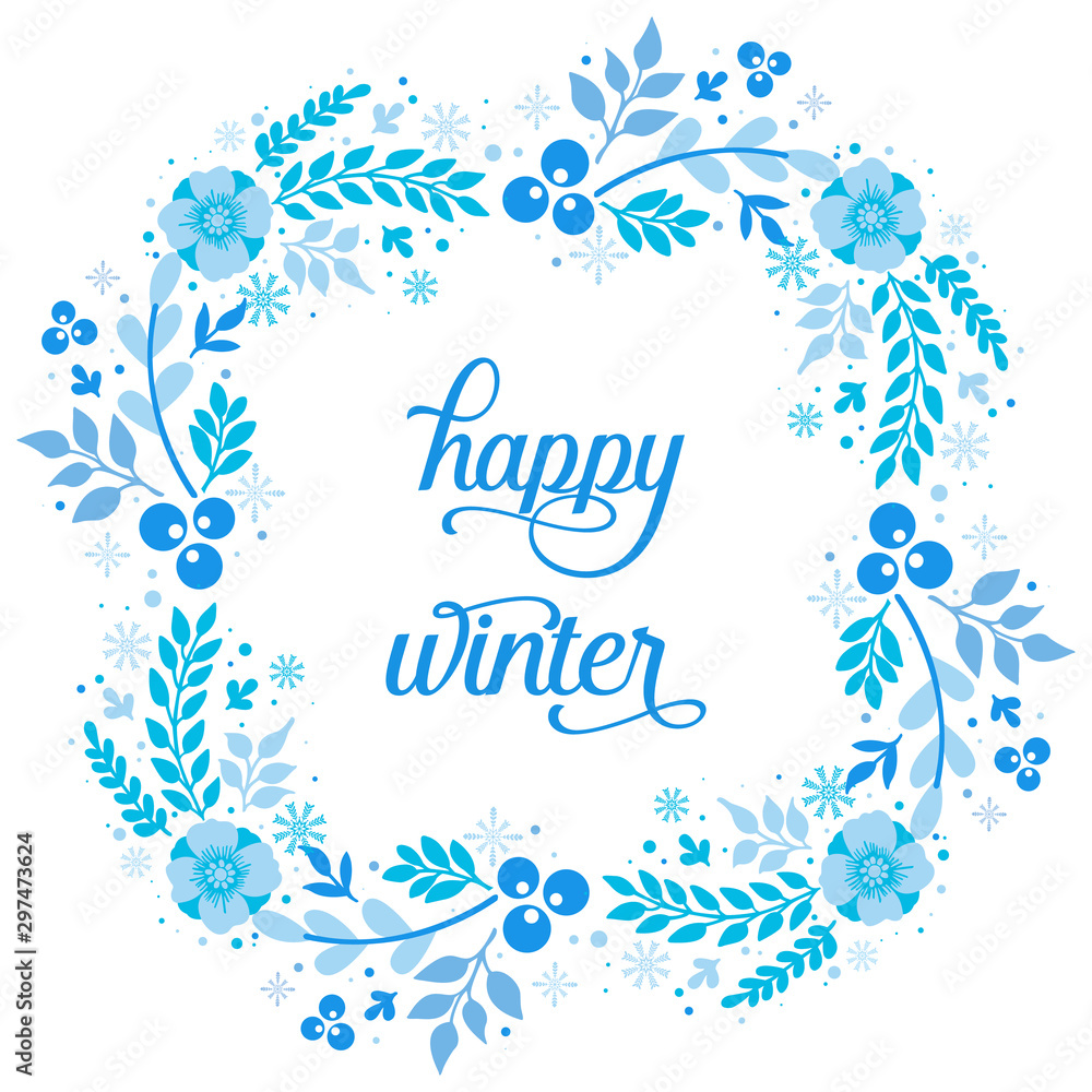 Template happy winter, with decorative pattern of blue leaf flower frame. Vector