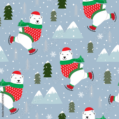 Christmas seamless pattern with polar bear ice skate background, Winter pattern with white bear ice skate, wrapping paper, pattern fills, winter greetings, web page background, Christmas