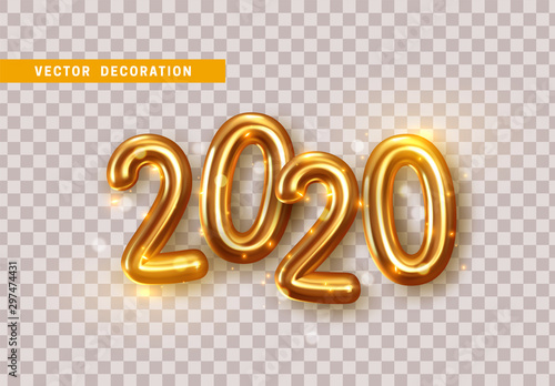 Happy New Year 2020. Golden metal numbers. Realistic 3d render signs. Luminous bright splash of gold bokeh lights. Isolated on transparent background. Easy to edit for 2022