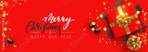 Christmas banner. Background Xmas design with realistic gifts box, black snowflake and glitter gold confetti. Horizontal christmas poster, greeting cards, headers, website. Flat lay, Top view
