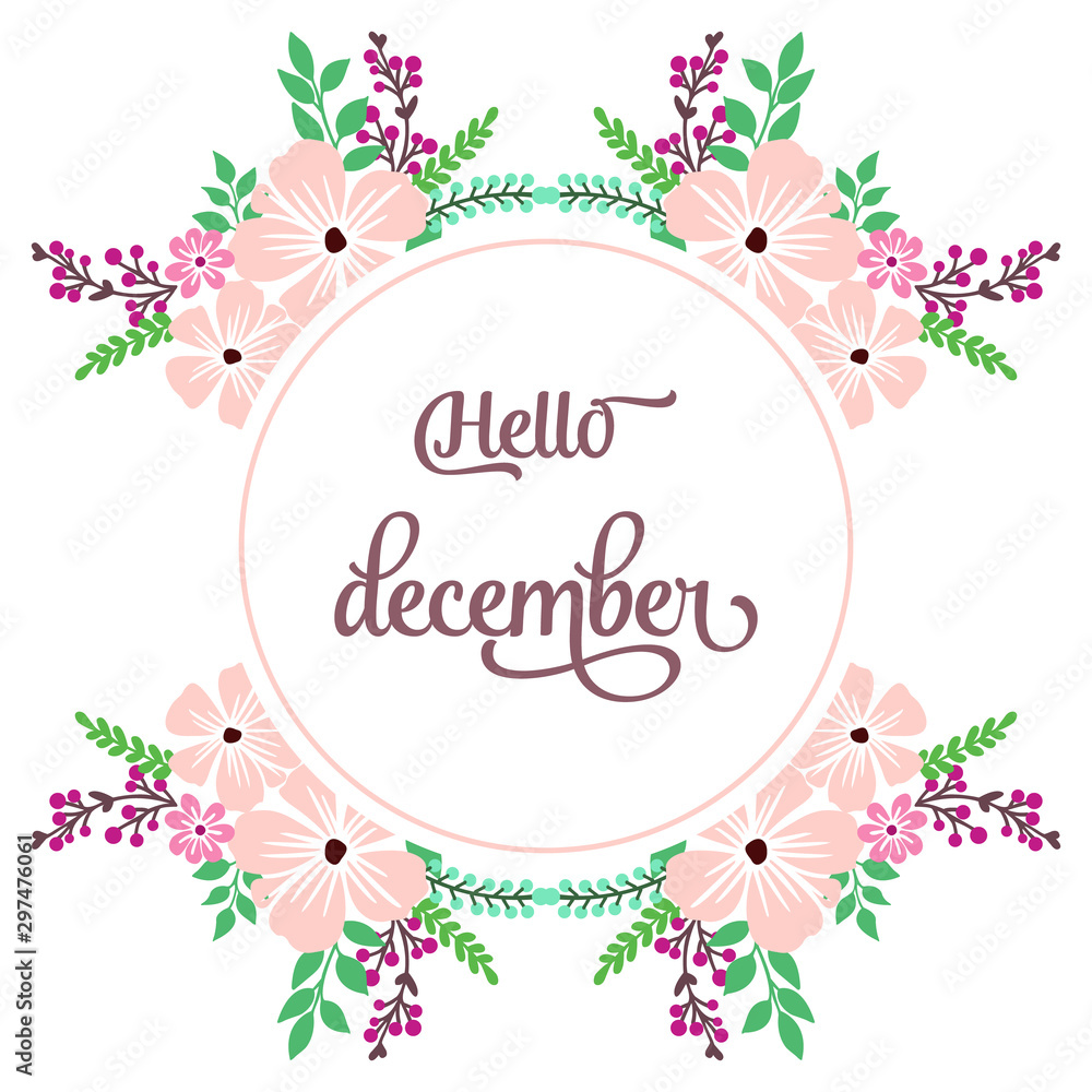 Greeting card hello december, with design pink flower frame background. Vector Greeting card hello december, with design pink flower frame background. Vector