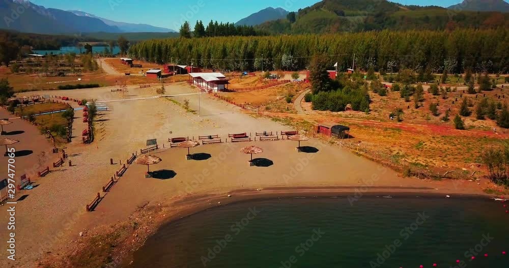 Aerial view  beach lake in front of beautiful mountains