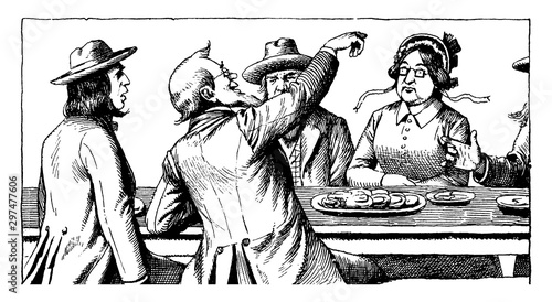 Group Eating Dinner, vintage illustration