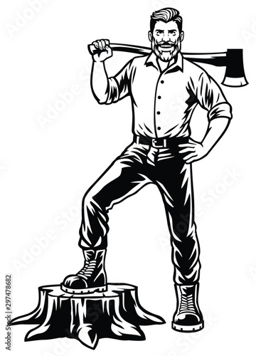 lumberjack worker posing  by stand on the cut tree