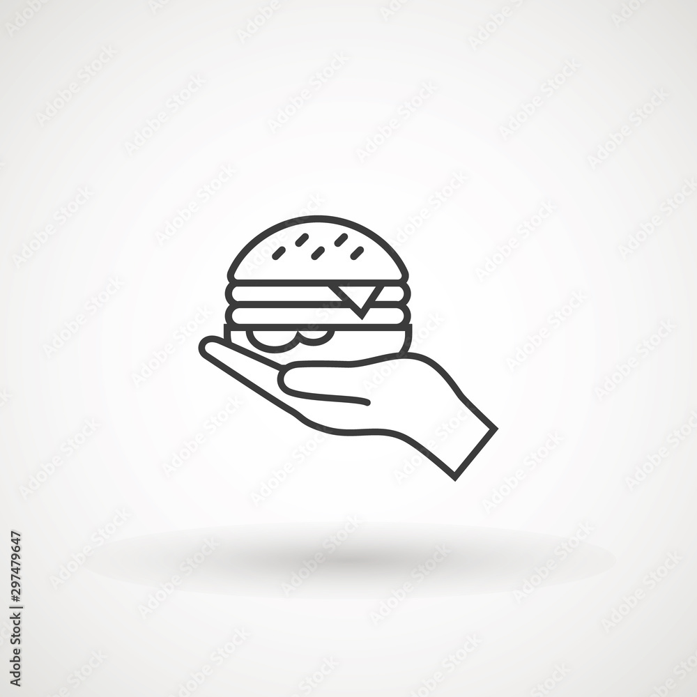 Open hand with hamburger glyph icon. Silhouette symbol. Cheeseburger for free. Vector isolated illustration Open hand with hamburger glyph icon. Silhouette symbol. Cheeseburger for free. Vector isolated illustration