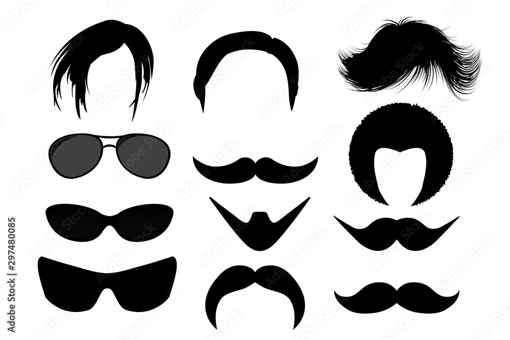 set of mustaches and wigs ,glasses isolated on white set of mustaches and wigs ,glasses isolated on white
