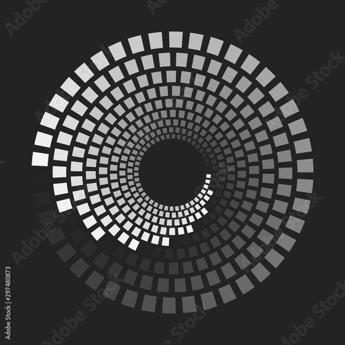 geometric shapes with different grayscale that makes a concentric dashed lines or circles. Halftone optical illusion effect.