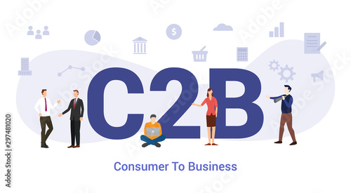 c2b consumer to business concept with big word or text and team people with modern flat style - vector