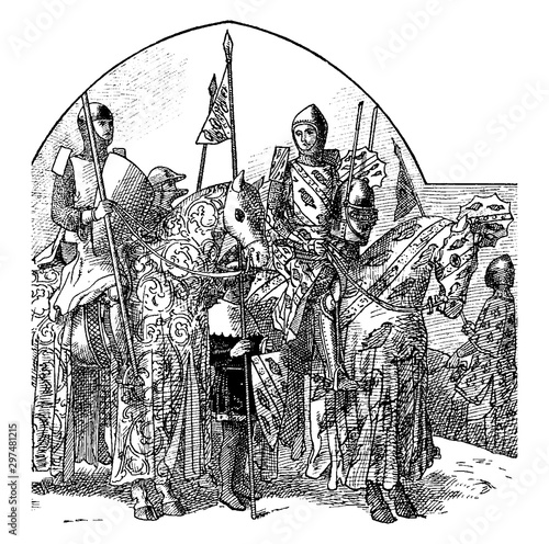 Knights and Noblemen on Horses Wearing Armor, vintage illustration