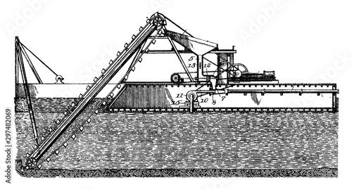 Excavating Purpose Dredger, vintage illustration.