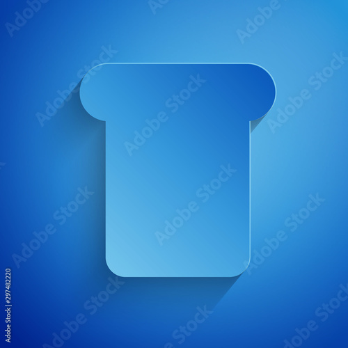Paper cut Bread toast for sandwich piece of roasted crouton icon isolated on blue background. Lunch, dinner, breakfast snack. Paper art style. Vector Illustration