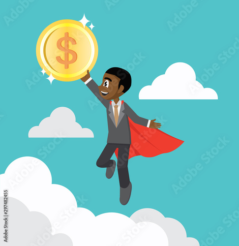 Flying African businessman holding a coin.