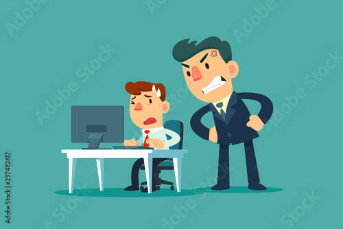 stressed businessman at his office desk with angry boss stand behind him