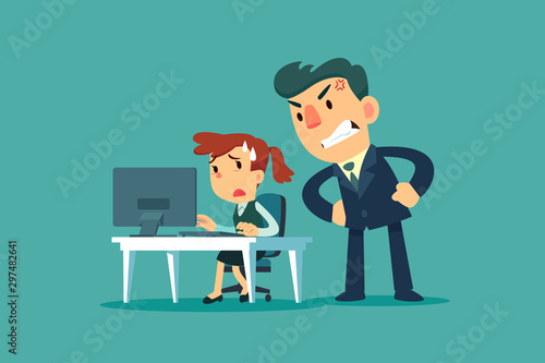 stressed businesswoman at her office desk with angry boss stand behind her